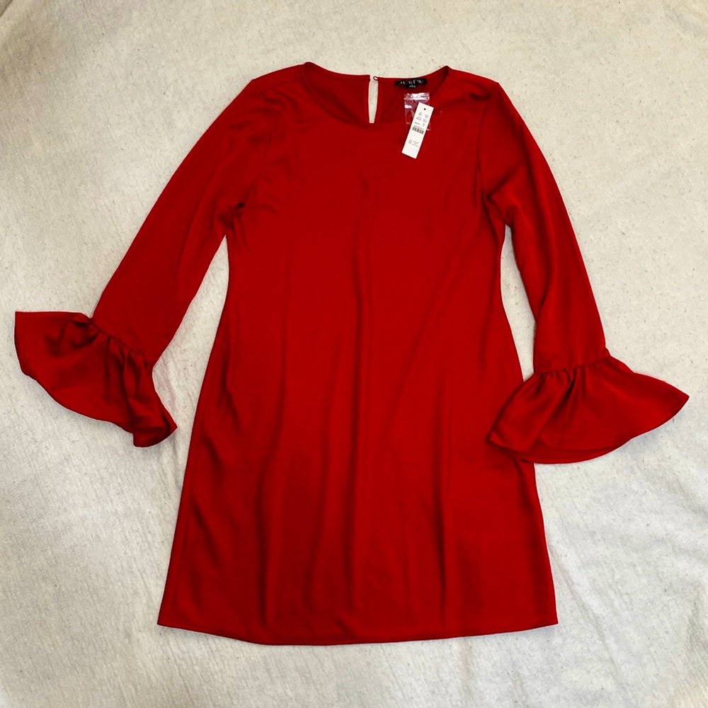 J. Crew red knee length flaired long sleeve dress